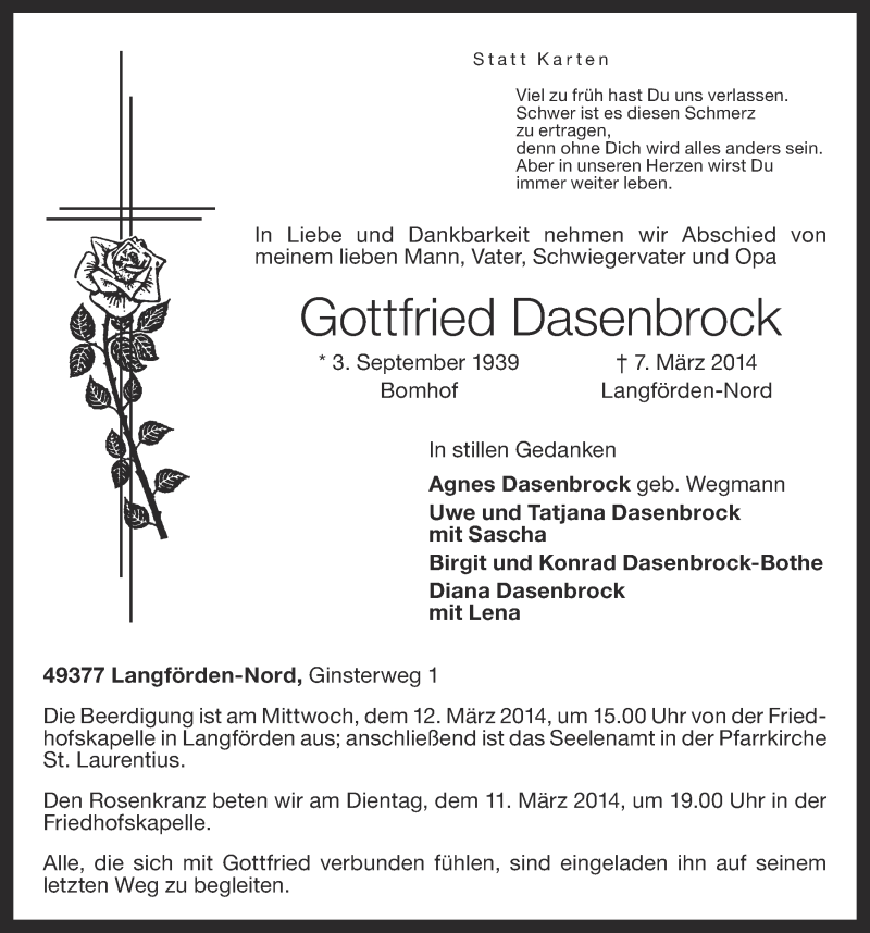  Traueranzeige für Gottfried Dasenbrock vom 10.03.2014 aus OM-Medien